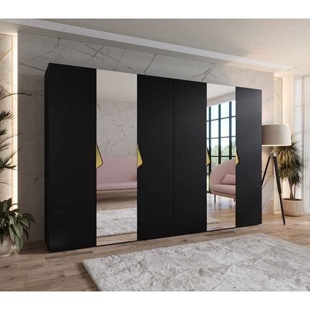 Elegantní zrcadlová skříň 300 cm AMARIS 2 - černá / zlaté úchyty