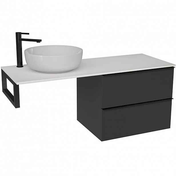 Koupelnová skříňka Velora - černá matná, úchytka černá + deska z lit. mramoru Elanys - 12 mm + konzole černá - 120x54,2x46,5 cm
