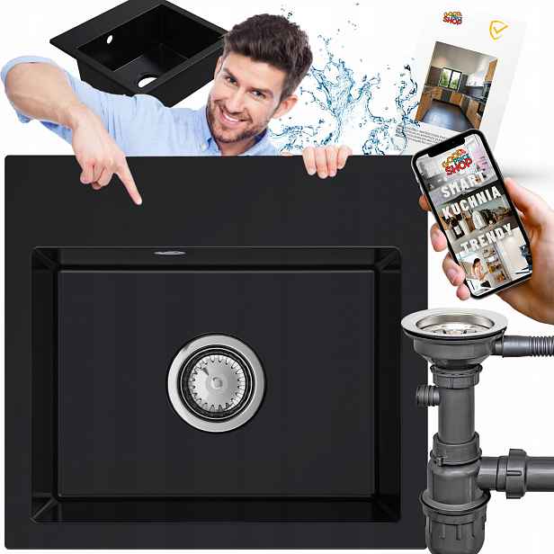 Kuchyňský granitový dřez Jednokomorový Ella Sifon Chrom Odkapávač