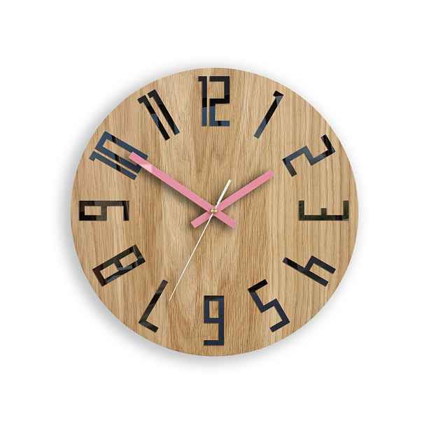 Dřevěné hodiny Dub Slim_Wood_Pink ModernClock