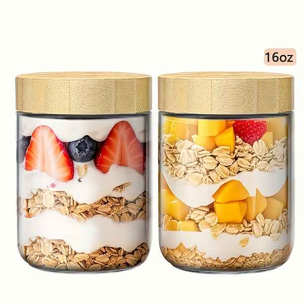 TEMU Sada 2 Skleněných Pohárů, Každý 480Ml (16Oz), S Víčky, Ideální pro Skladování Ovesných Vloček Přes , Jogurtu, Chia Semínkových Svačin A Koření.