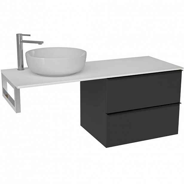 Koupelnová skříňka Velora - černá matná, úchytka černá + deska z lit. mramoru Elanys - 12 mm + konzole chrom - 160x54,2x46,5 cm