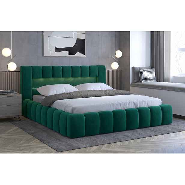 Moderní postel Lebrasco, 180x200cm, zelená + LED