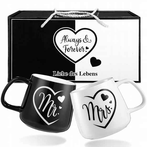 Šálky pro páry, hrníčky pro dámu a ženicha Dárek Na Svatba Mr & Mrs