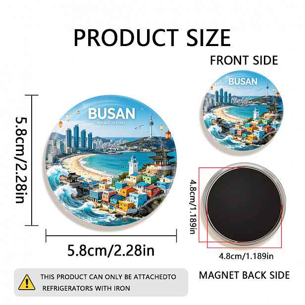 TEMU 1 ks 2D plochý magnet na lednici s BUSAN KOREA, odolný kulatý magnet, vhodný pro připevnění na ledničky, tabule, ruční práce, fotografie,