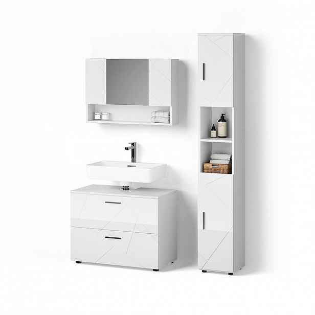 Livinity® SADA NÁBYTKU DO KOUPELNY Ronco, Bílá vysoký lesk, 3dílná