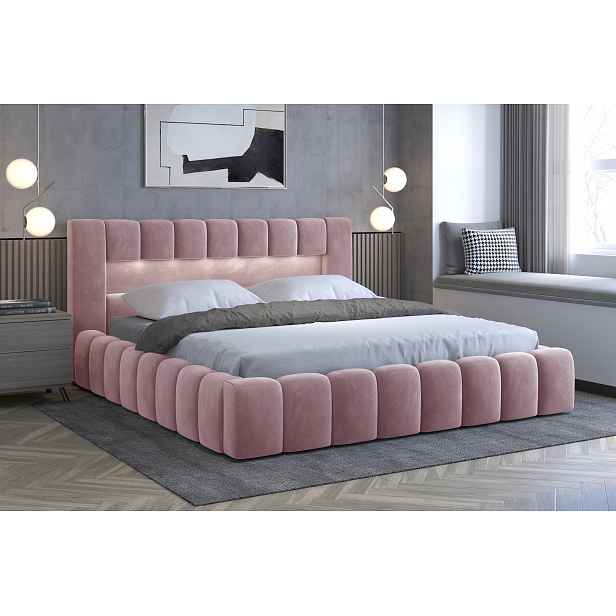 Moderní postel Lebrasco, 180x200cm, růžová + LED