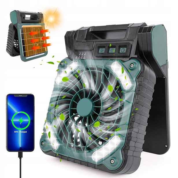 Solární kempingový ventilátor s Led lampou Přenosný stolní Usb skládací