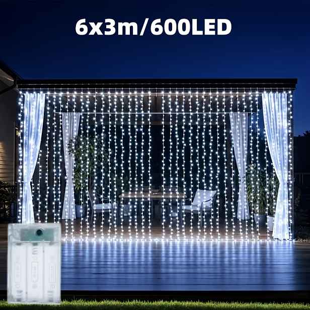 TEMU 1 balení LED pohádkových závěsných řetězových světel, 600 LED, 8 režimů, venkovní osvětlení na terasu pro zahradu, svatbu, párty, Halloween,