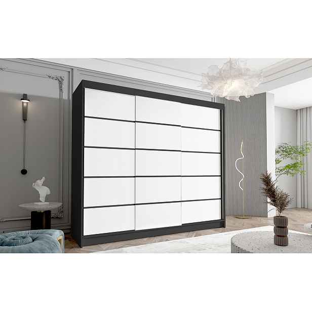 Třídveřová šatní skříň NICA - šířka 250 cm, černá / bílá
