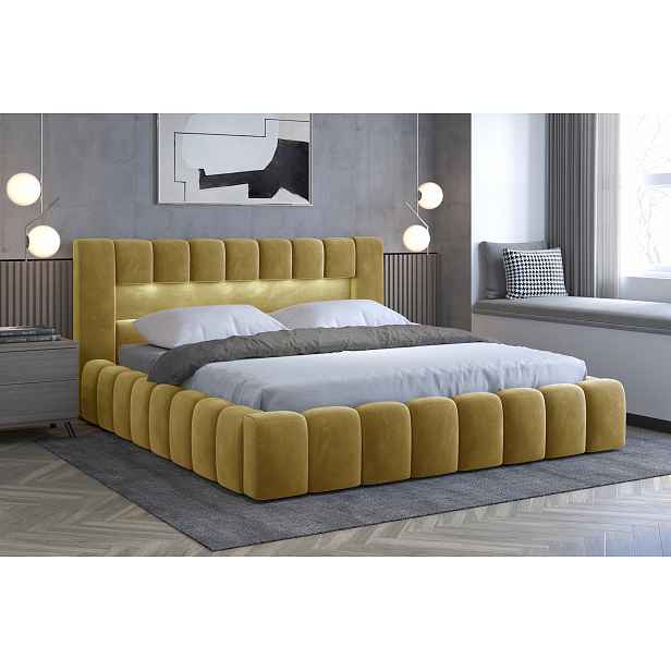 Moderní postel Lebrasco, 180x200cm, žlutá + LED