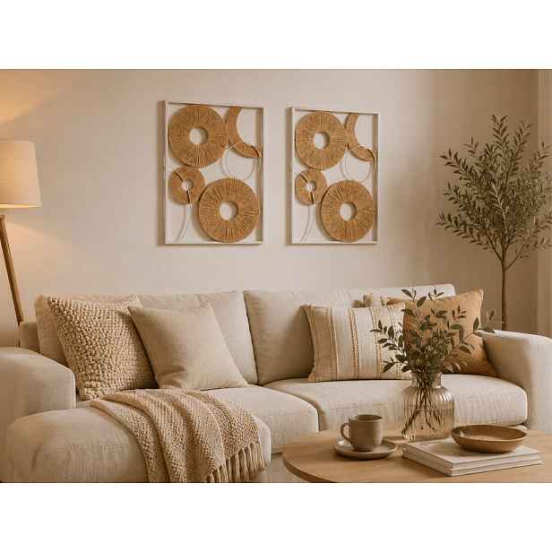 Sada 2 ks nástěnné dekorace CIRCLES kov 48x68 cm, bílá / béžová