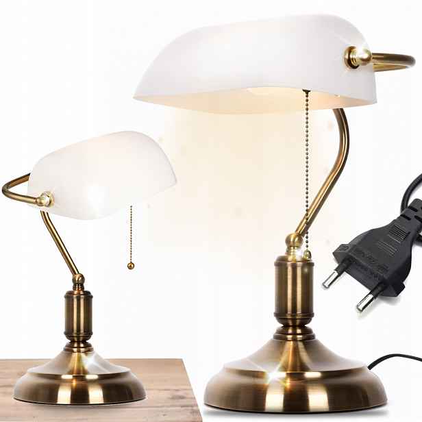 Stolní Bankéřská Lampa Vintage Noční Bílá, Skleněné Stínítko Retro E27