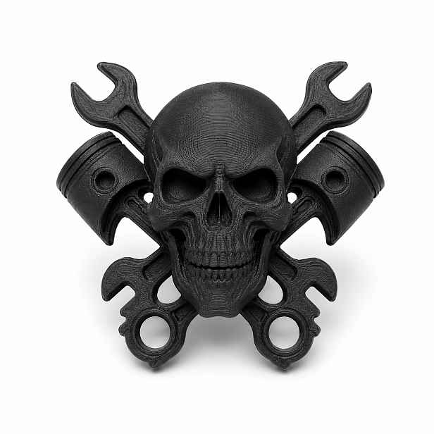 TEMU 3D tištěná mechanická lebka na zeď, kreativní model lebky s křížovým klíčem a pístem, závěsná dekorace na zeď do garáže, černá hardcore