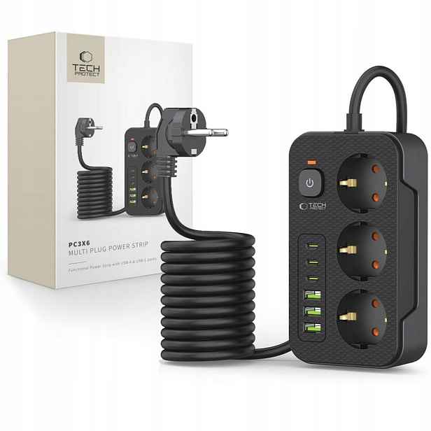 Zásuvková lišta prodlužovací kabel 3 zásuvky 240V Usb-a Usb-c 2 m černá Tech-P