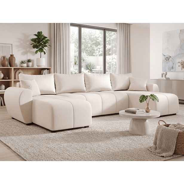 AKCE Rozkládací sedací souprava do U SEVIO 311x145 cm, krémová + 2 polštářky ZDARMA II. jakost