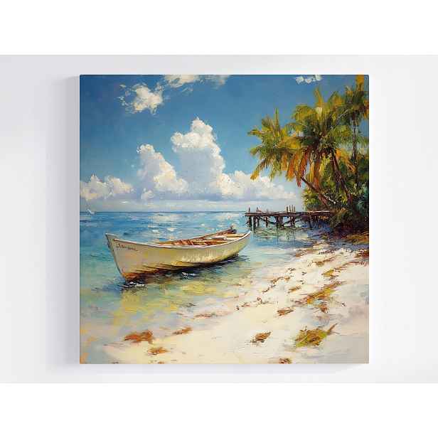 Obraz Na Plátně Canvas Krajina Oceán Pláž Palmy Přístav Molo Loďka 50x50