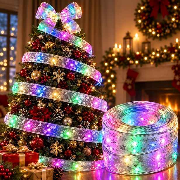 TEMU 1 ks Ultra dlouhá 200 cm / 78,74 palců LED zlatá stříbrná blikající vánoční stuha - bateriové světelné řetězy, šířka 5 cm s na baterie a