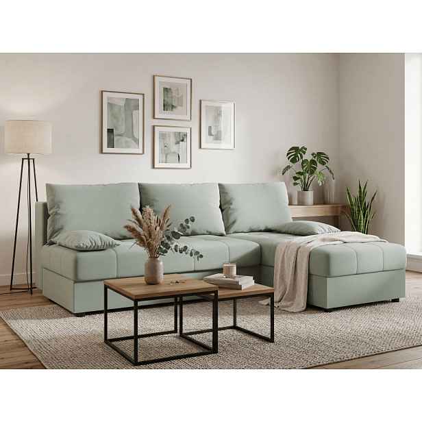 AKCE Rozkládací oboustranná sedací souprava do L VENORIA SLIM 200x143 cm, světle zelená + 2 polštářky ZDARMA II. jakost