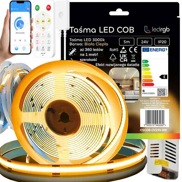 Set Led Páska Cob 5m 24V 360d Bílá Teplá 3000K Digitální Dálkový Ovladač Aplikace