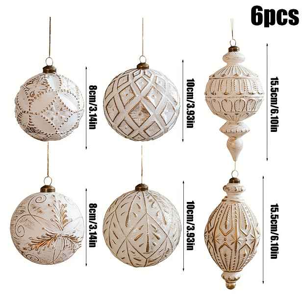 TEMU Sada 6 ks vintage bílých ozdob na vánoční stromeček, bohémské vánoční koule pro sváteční dekorace a rekvizity pro aranžování