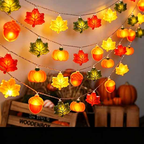 TEMU Plastová dýně, javorový list, ořech, LED světelný řetěz, hřejivá halloweenská dekorace na Den díkůvzdání, podzimní sklizeň, pro vnitřní i