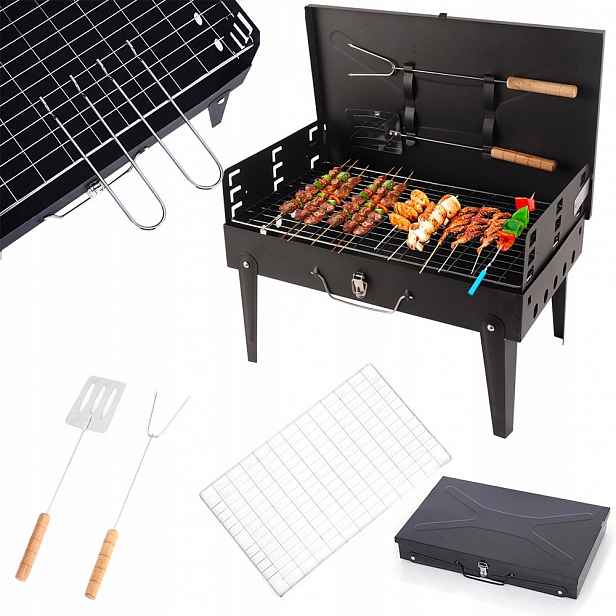 Turistický Zahradní Gril Přenosný Skládací Bbq Kufr Příslušenství