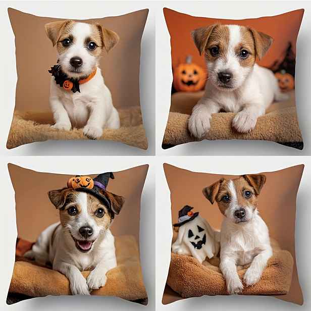 TEMU 4ks Sada, Potištěná Vložka, Motiv Terrier, Potah S Pupátkem V Pumpkin Bow Tie, Pumpkin Klobouk A Doll, At., Zahrnující Halloweenové Prvky,