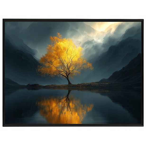 Plakát Rámeček Aluminium Zlaté Horské Dřevo Jezero Mlha Odraz 80x60