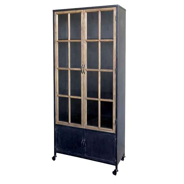 Černá antik kovová skříň / vitrína na kolečkách Isabelle - 80*35*190 cm Chic Antique