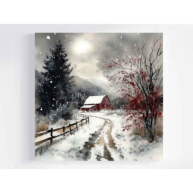 Obraz Na Plátně Canvas Krajina Zima Sníh Cesta Vesnice Stodola 50x50