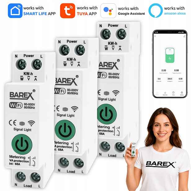 Relé WiFi 63A Tuya Smart Life elektroměr měření Din lišta