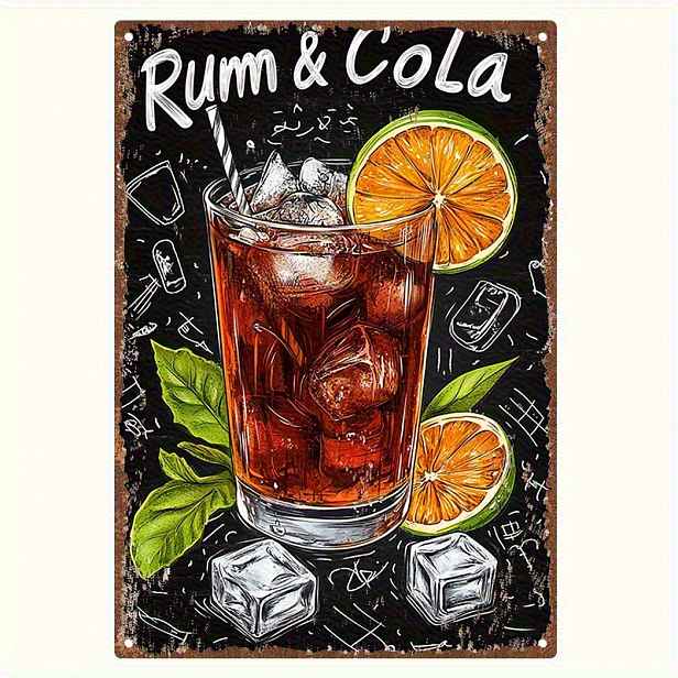 TEMU 1ks Vintage Rum & Kovová cedule 12"x8" (30,48x20,32 cm) - Odolná železná retro nástěnná dekorace s ilustrovaným designem rumu a kolou s plátky