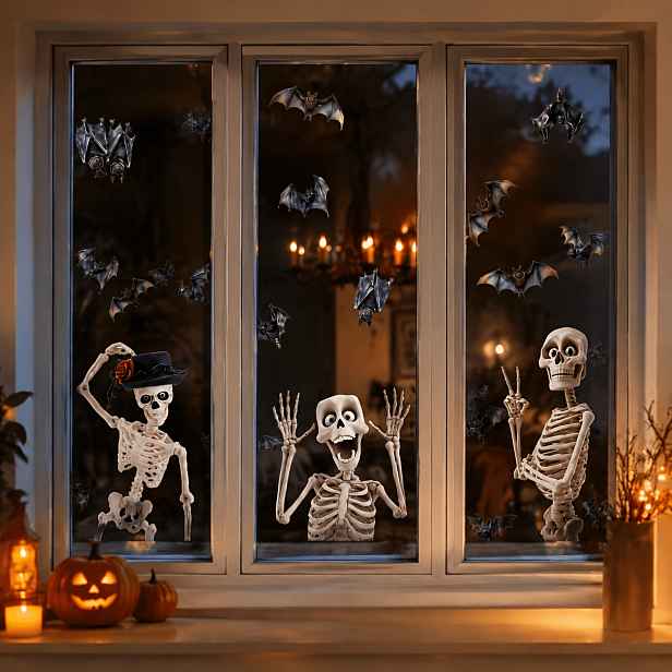 TEMU Sada 4 ks okenních samolepek s halloweenskou tématikou, okenní obtisky s lebky a netopýra, bez lepidla, statická adsorpce, odstranitelné,
