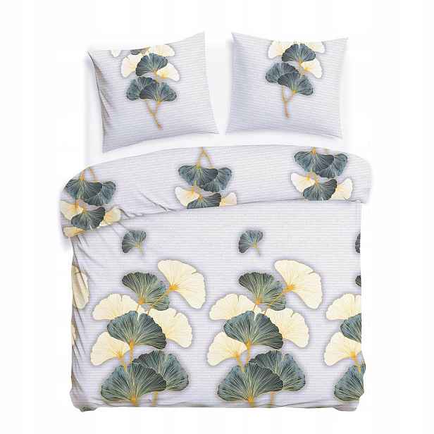 Povlečení flanelové 160x200 šedé, zelené listy ginkga Flanelove