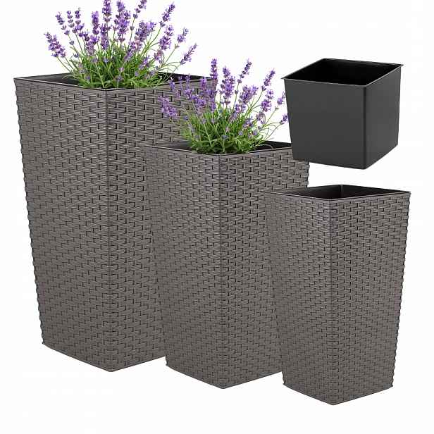 Sada 3 Kusů Květináčů Grafit Rattan S Vložkou 37 47 57 CM Dekorativní