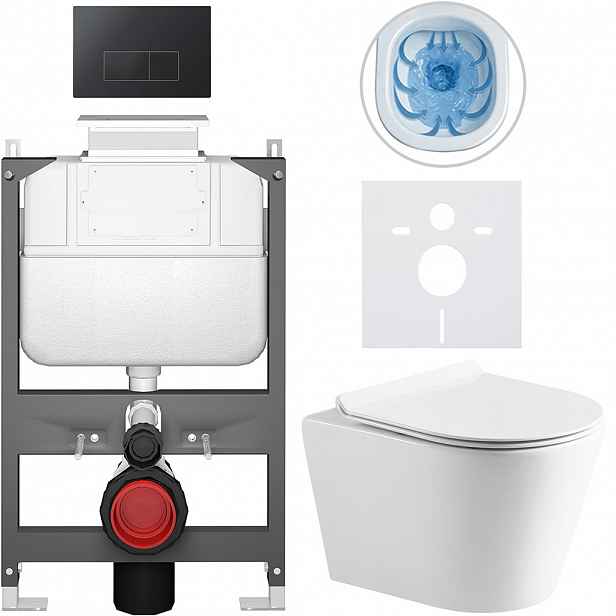 Kompletní WC set Basic/Carlito - bílá lesklá - WC tlačítko Modulo/Černá - ovládání shora - předstěnová instalace - 48,5x36,5 cm