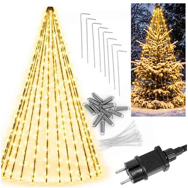 Velký Svítící Vánoční Stromek 480 Led Světelný Závěs Teplá Bílá Dekorace 3 M