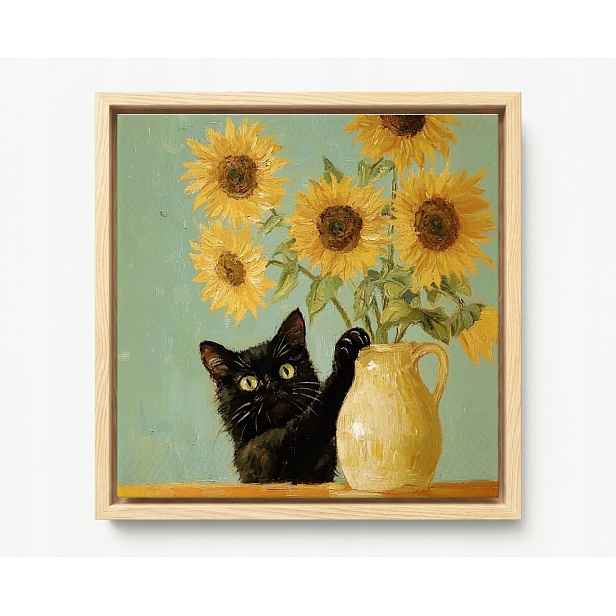 Obraz Rama American Box Černá Kočka Žluté Slunečnice Van Gogh 60x60
