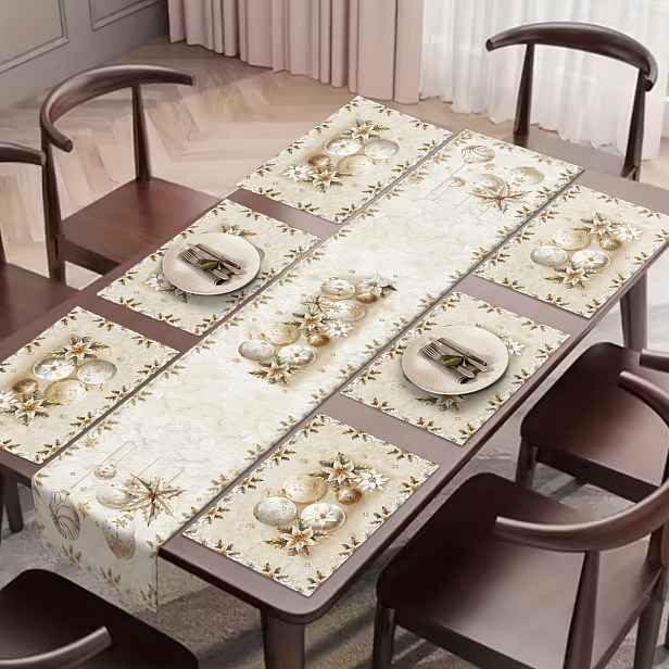 TEMU Sada 7 ks prostírání a běhounu "Veselé Vánoce", lněný materiál, bílý design se zlatými akcenty, 13x72 palců x1 + 12x18 palců, obsahuje 6