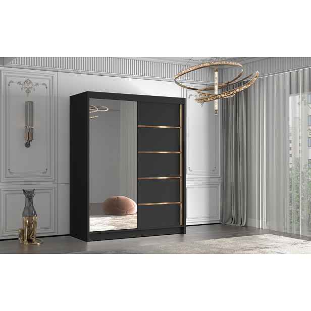 Šatní skříň se zrcadlem MILINA - 150 cm, černá