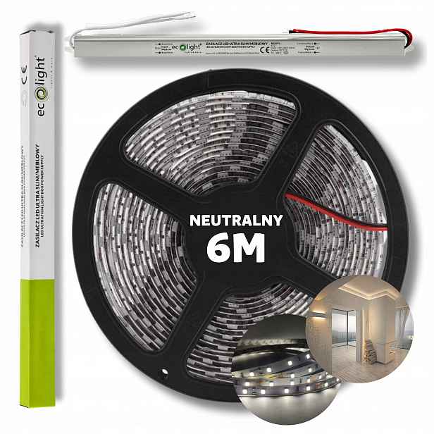 Set 6 m Led pásek Smd bílý neutrální s napájecím zdrojem 12 V