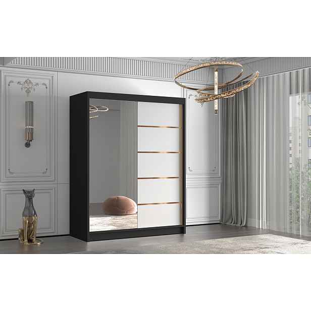 Šatní skříň se zrcadlem MILINA - 150 cm, černá / bílá