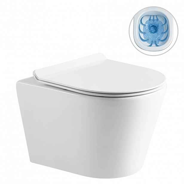 WC závěsné Carlito, Rimless - bezokrajové splachování + Slim/SoftClose sedátko - bílá lesklá - 48,5x36,5 cm