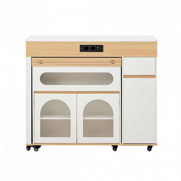 Modfu KUCHYŇSKÝ ostrov z MDF 187x110x95 cm bílý/přírodní s výsuvným stolem, zásuvkou a integrovanými zásuvkami