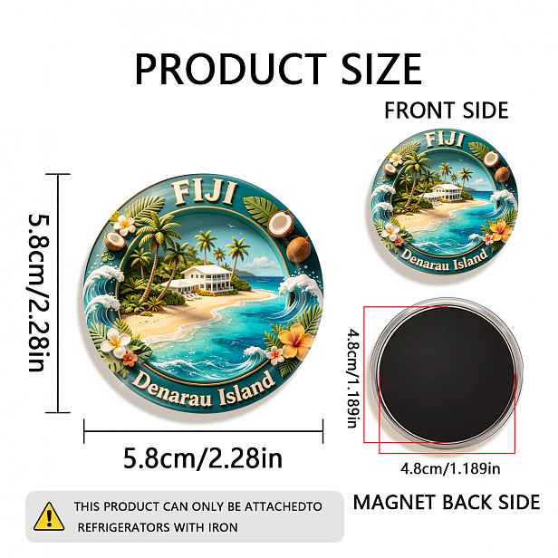 TEMU 1 ks 2D plochý magnet na lednici s ostrova Denarau na Fidži, odolný kulatý magnet, vhodný pro připevnění na ledničky, tabule, ruční práce,