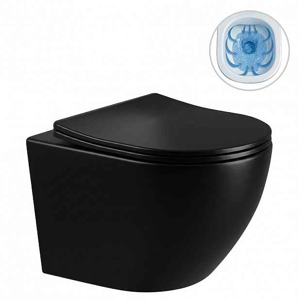 WC závěsné Cesso, Rimless - bezokrajové splachování + Slim/SoftClose sedátko - černá lesklá - 49x36 cm