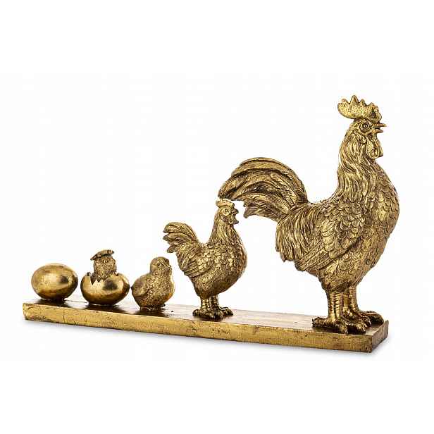 Zlatá figurka slepice, generace, vývojové stadium, retro figurka, kuřecí vejce