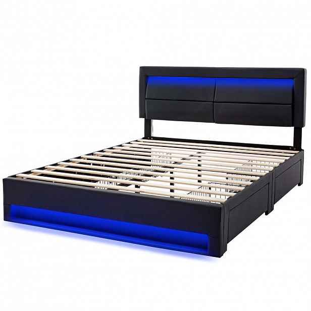 Modfu ČALOUNĚNÁ postel z PU 140x200 cm černá s USB portem, LED osvětlením, 4 zásuvkami a úložným prostorem