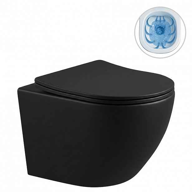 WC závěsné Cesso, Rimless - bezokrajové splachování + Slim/SoftClose sedátko - černá matná - 49x36 cm